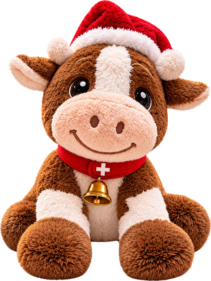 Peluche Fiona: vaquita café y blanca con gorro de Papá Noel, collar rojo con cruz suiza y campanita
